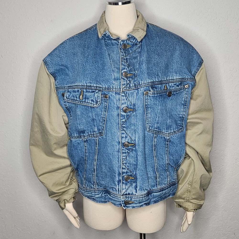 Gap Mens Vintage Denim Canvas Mixed Media Quilted Trucker Jacket Blue Tan XL